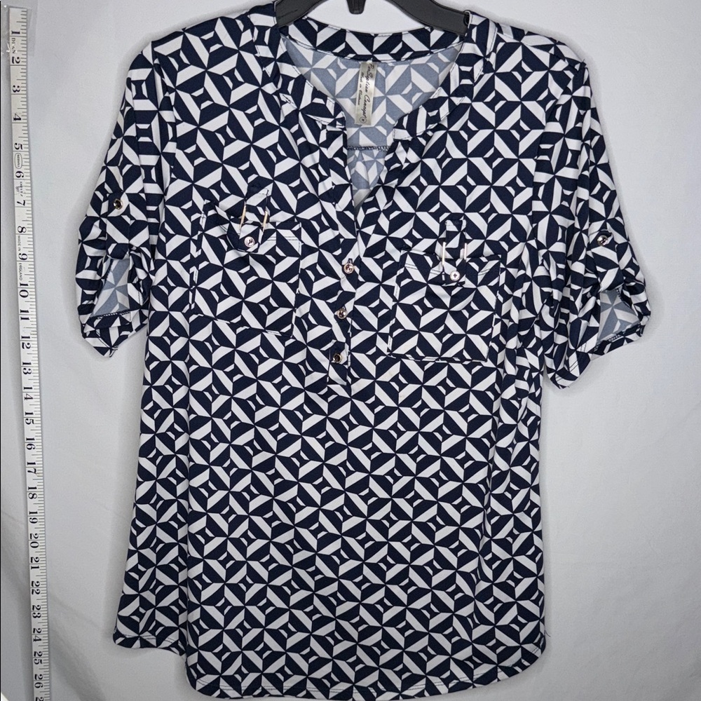 PerSeption Concept Navy and White Patterned Blouse
